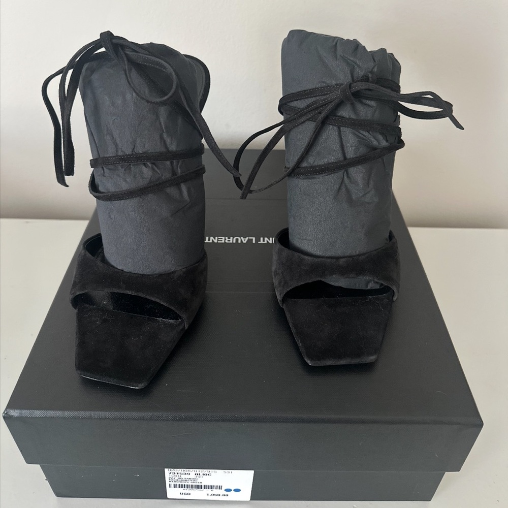 SAINT LAURENT Black Green Suede Metallic Vitti Wrap Around Sandal 39.5 - Picture 3 of 6